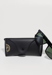Černé sluneční brýle Ray-Ban se zelenými skly ležící vedle černého texturovaného tvrdého pouzdra s zlatým a černým logem.