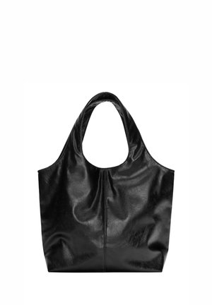 Sac cabas en cuir synthétique noir avec une ouverture de poignée arrondie, une texture douce et des coutures verticales visibles au centre.