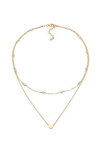 Gouden multifunctionele ketting met een hartbedel en kleine parels, met fijne kettingen van verschillende lengtes en texturen.