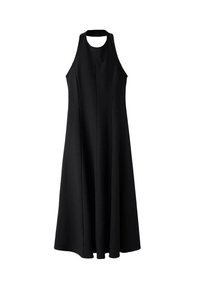 Vestido negro sin mangas con un escote alto, silueta acampanada y tela suave. Presenta un corte en la parte posterior y detalles de costura vertical.