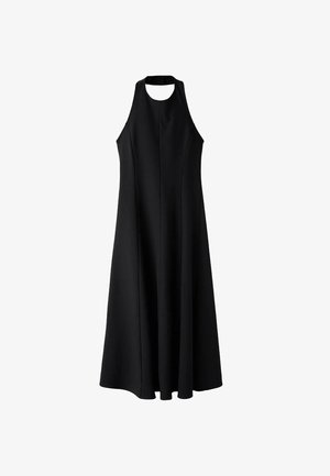 Czarna sukienka bez rękawów z wysokim dekoltem, rozkloszowanym krojem i gładkiego materiału. Posiada wycięcie z tyłu oraz pionowe przeszycia.