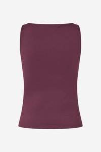 Burgundijas krāsas tops bez piedurknēm, izgatavots no gludas auduma. Pielāgota piegriezuma ar kvadrātveida dekoltē un taisnu apakšmalu, piemērots slāņošanai.
