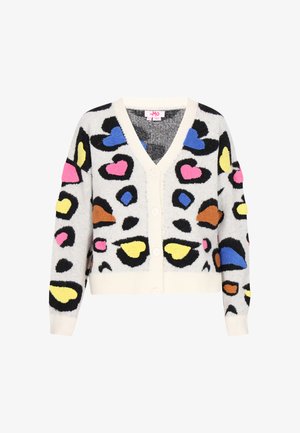 V-kaklo megztinis, pagamintas iš minkštos medžiagos, su kreminiu pagrindu ir spalvingomis širdžių bei abstrakčių raštų detalėmis - rožinė, mėlyna, geltona ir juoda. Penki mygtukai.