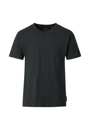 Mørkegrå T-shirt med korte ærmer og rund hals, med en glat tekstur og en lille etiket på venstre sidesøm ved kanten.
