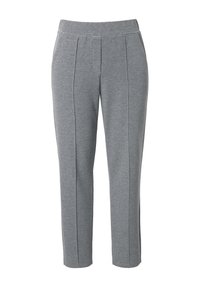 Pantalones de chándal grises con una textura suave, que presentan una cinturilla elástica y costuras verticales como detalle de diseño. Corte clásico con piernas ajustadas.