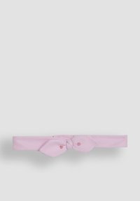 Rosa Stoffkopfbedeckung mit einem geknoteten Design und zwei schleifenförmigen Enden. Glatte Textur mit subtilen Herzakzenten. Leicht und flexibel.