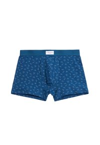 Boxer briefs azules para hombre con un pequeño patrón de pájaros blancos y una cinturilla azul sólida con una etiqueta de marca central.