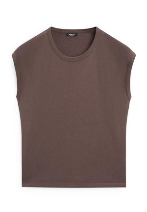 Top marrone senza maniche con scollo tondo e orlo dritto, realizzato in tessuto liscio, disteso su sfondo bianco.