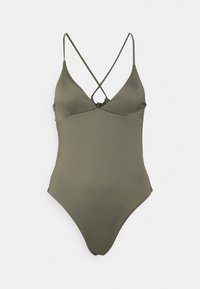 Oliven grønn, ribbet one-piece svømmedrakt med dyp V-hals og kryssende stropper. Har en jevn tekstur og høyt skjærte ben for et strømlinjeformet design.