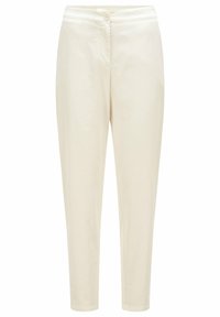 Vita bomullsmix byxor med en jämn textur, med knappstängning, sidofickor och en avsmalnande design vid anklarna.