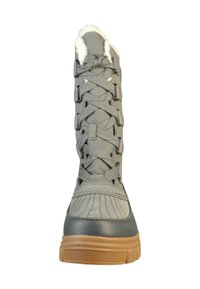 Grijze stoffen laars met nepbont voering, met een high-top ontwerp, gestructureerd oppervlak, vetersluiting en een rubberen zool.