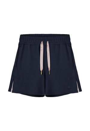 Laivastonsiniset urheilushortsit, joissa on joustava vyötärönauha, beiget kiristysnauhat, sivutaskut, pienet sivuviillot ja hillitty logo vasemmassa lahkeessa.