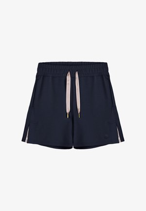 Marineblå atletikshorts med elastisk talje, beige snore, sidelommer, små sidesplitter og et diskret logo på venstre ben.