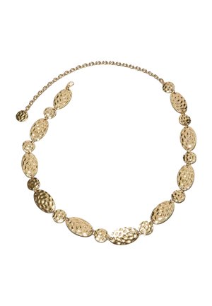 Goudkleurige ketting met afwisselend hamerslag ovale en ronde schakels, voorzien van een verstelbare ketting en sluiting.