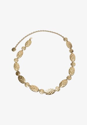 Náhrdelník ve zlaté tónovanosti s prokládanými oválnými a kulatými články s raženým vzorem, vybavený nastavitelným řetízkem a zapínáním na karabinu.