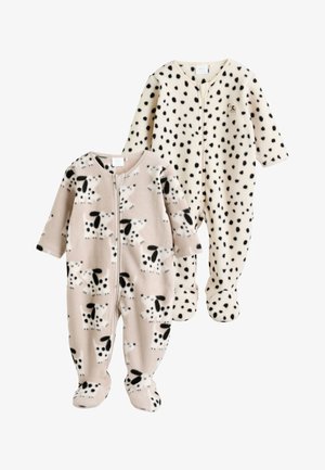 Du trys kūdikio miegmaišiai iš minkštos fliso medžiagos. Vienas bežinis su juodom šunų spaudomis, kitas grietinėlės spalvos su juodomis taškeliais. Abu turi užtrauktukus ir pėdų dizainą.