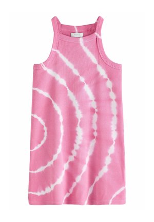 Robe sans manches rose, côtelée, au motif tie-dye avec des accents blancs en spirale, conçue pour un style décontracté et une coupe ample.