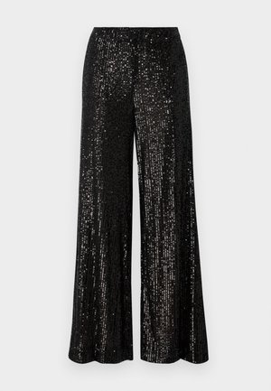 Black, sequined, wide-leg pants with a loose fit and elastic waistband. The surface features a shiny, reflective texture with vertical stripes.