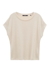 Ljusbeige kortärmad topp, avslappnad passform med en bred rund halsringning. Mjuk textur med en subtil glans och rundad nederkant.