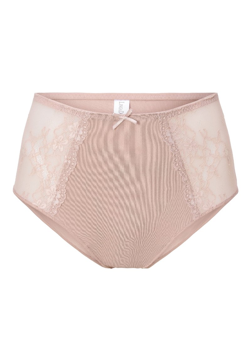Mutande a vita alta color nude, realizzate in un tessuto principale a coste, con dettagli in pizzo sui lati e un piccolo fiocco al centro davanti.