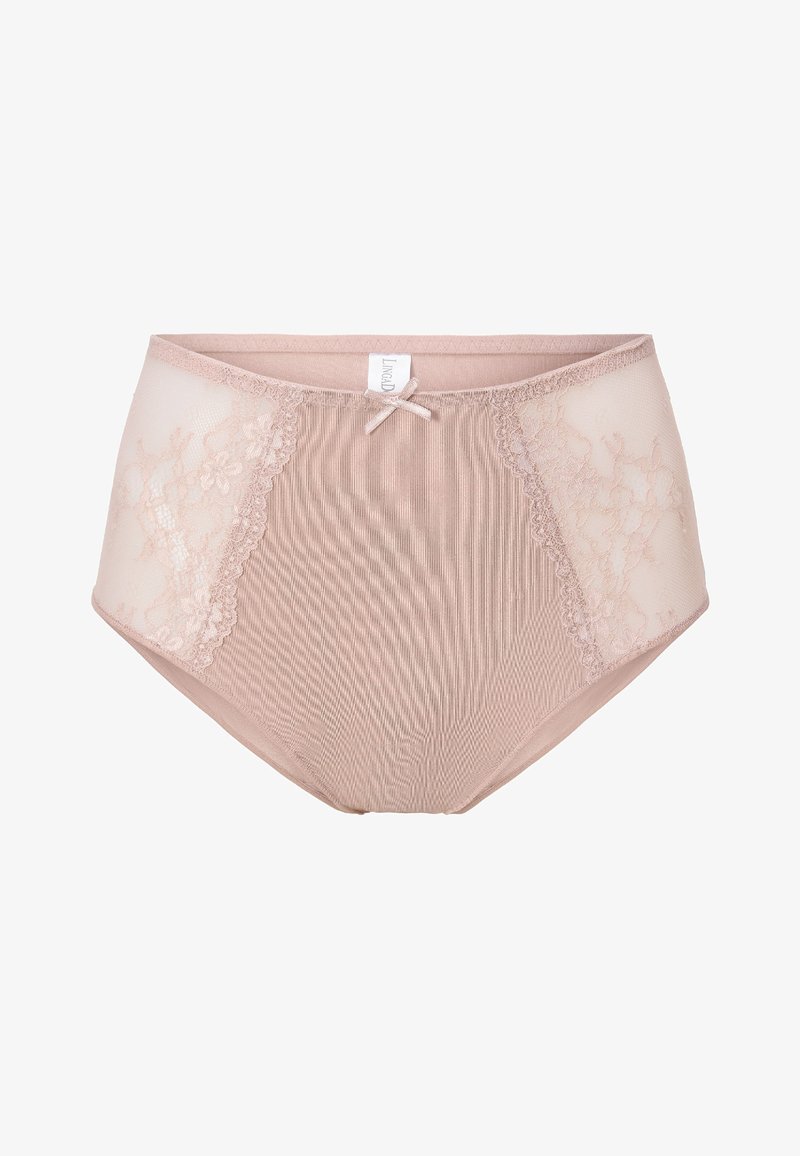 Mutande a vita alta color nude, realizzate in un tessuto principale a coste, con dettagli in pizzo sui lati e un piccolo fiocco al centro davanti.