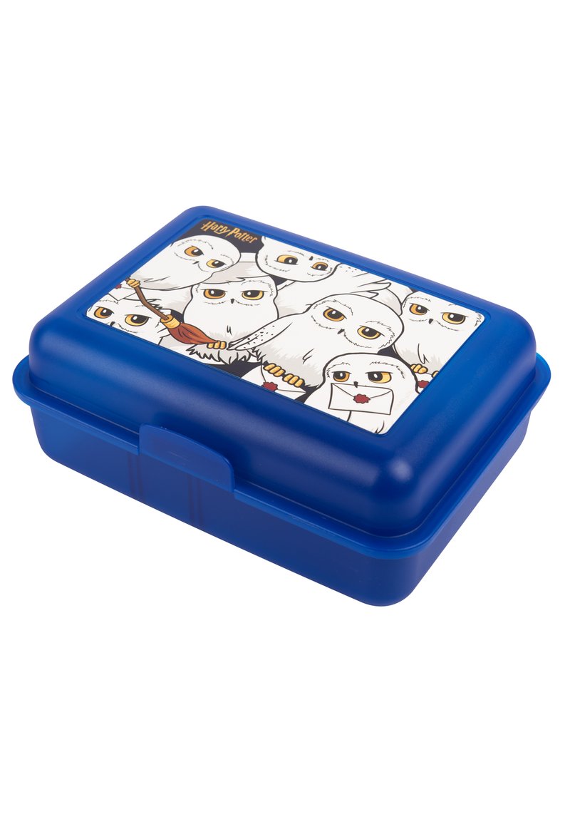Lunch box blu in plastica con un coperchio illustrato che presenta gufi delle nevi e un logo di "Harry Potter". La scatola ha superfici lisce e una chiusura a scatto.