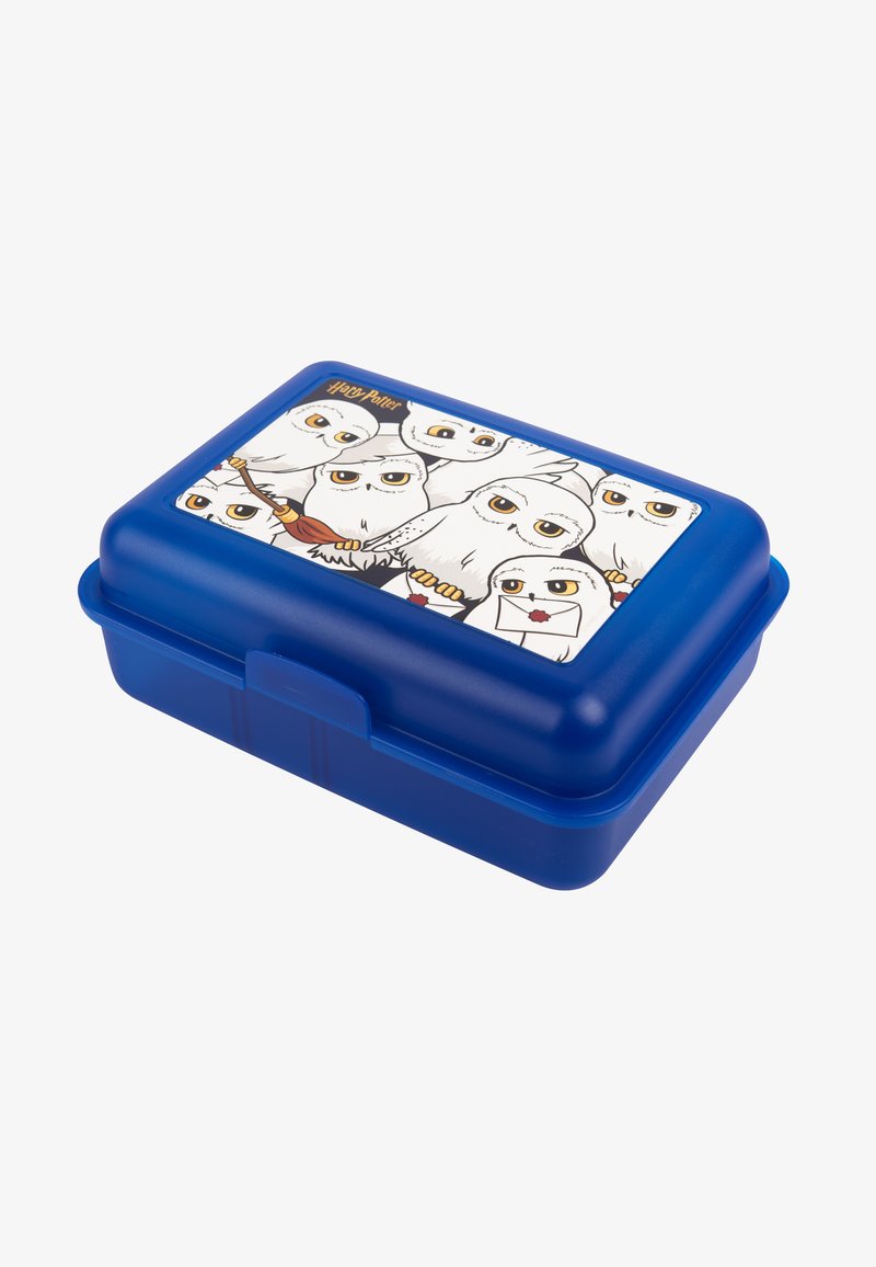 Lunch box blu in plastica con un coperchio illustrato che presenta gufi delle nevi e un logo di "Harry Potter". La scatola ha superfici lisce e una chiusura a scatto.