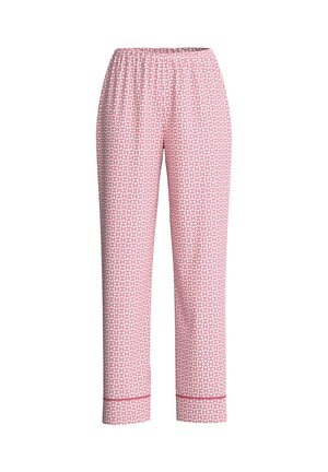 Pantaloni del pigiama rosa con motivo geometrico bianco, vita elasticizzata e orli risvoltati. Tessuto leggero che offre una consistenza morbida.
