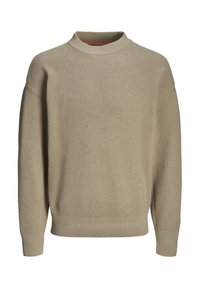 Pull en tricot beige avec un col montant, des manches raglan et des bords-côtes aux poignets et à l'ourlet. Le tissu présente un motif texturé, légèrement en relief.