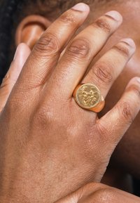 Bague sigillaire en or présentant un design gravé. La bague a un anneau lisse et une surface texturée, montrant des détails complexes sur le devant.