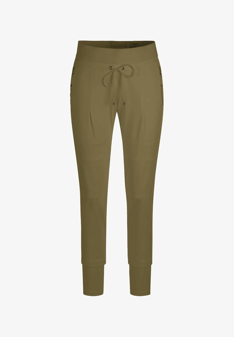 Olive green slim-fit pants with drawstring waist and zippered side pockets, designed for casual wear.