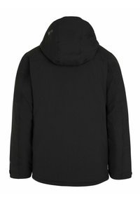 Schwarze Kapuzenjacke aus wasserdichtem Material, leicht gepolstert, mit elastischen Bündchen, verstellbarem Saum und minimalistischem Design mit Logoschriftzug auf dem Rücken.