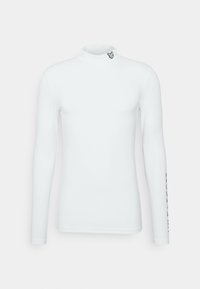 White long-sleeve turtleneck shirt, smooth texture, features a small black logo at the collar and printed text along the arm.