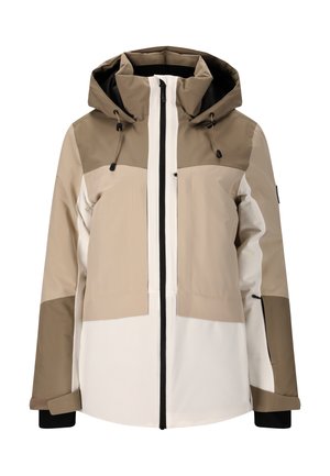 Beige en witte waterdichte jas met capuchon, met een kleur-geblokte ontwerp, verstelbare koorden en zwarte accenten op de mouwen en rits.