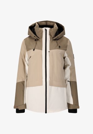 Beige en witte waterdichte jas met capuchon, met een kleur-geblokte ontwerp, verstelbare koorden en zwarte accenten op de mouwen en rits.