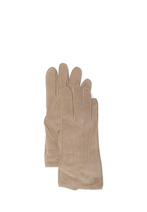 Par de guantes beige de ante con detalles cosidos en la parte posterior, diseñados para uso en clima frío.