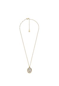 Collana in oro con pendente ovale caratterizzato da uno sfondo texturizzato in argento, una luna crescente in oro e accenti di stelle.