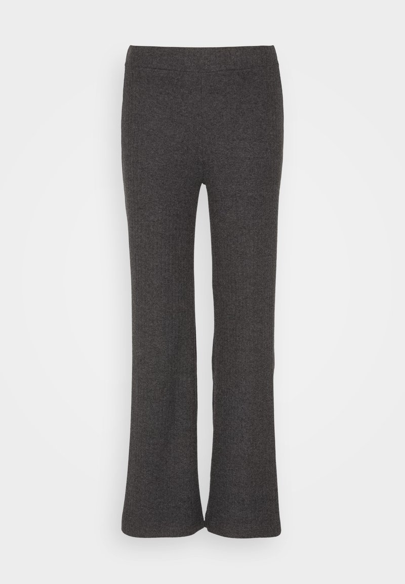 Pantalon gris foncé évasé en tissu texturé. Il présente une ceinture lisse et offre une coupe confortable au niveau des hanches et des jambes.