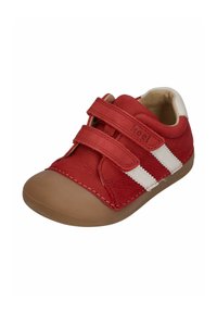 Red leather shoe with white stripes, Velcro straps, and a tan rubber sole. Rounded toe and stitched detailing on the upper.