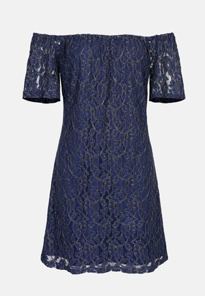 Tumesinine õlgadelt avatud pitskleit lillemustriga ja lühikeste varrukatega. Elastne kaelus, kergelt laieneva siluetiga.