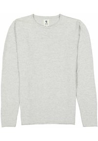 Grijze lang-leeve t-shirt van zachte stof, met een ronde hals en een rechte zoom. Geen zichtbare patronen of versieringen.
