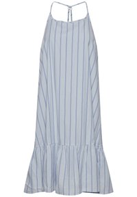 Ljusblå randig sommardress i bomullstyg med utsvängd nederdel, justerbara axelremmar och knäppning bak. Horisontella och vertikala ränder finns.