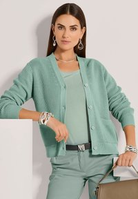 Helle grüne Strickjacke mit V-Ausschnitt, Knöpfen und Taschen, getragen über einem passenden Oberteil und Hosen; accessoriert mit silbernem Schmuck.