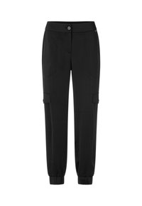 Schwarze Cargo-Hosen mit schmalem Schnitt, elastischen Bündchen, Knopfverschluss und mehreren Seitentaschen. Glatte Stoffoberfläche ohne Muster.