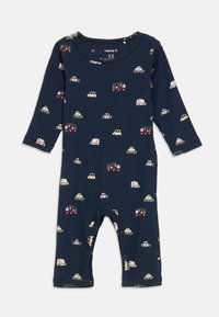 Body blu navy a coste con maniche lunghe e chiusure a scatto, caratterizzato da un motivo di vari veicoli in colori chiari su tutta la superficie.