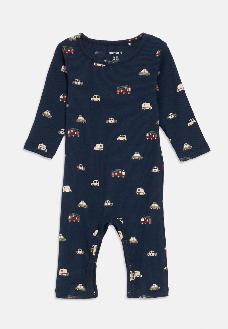 Body blu navy a coste con maniche lunghe e chiusure a scatto, caratterizzato da un motivo di vari veicoli in colori chiari su tutta la superficie.