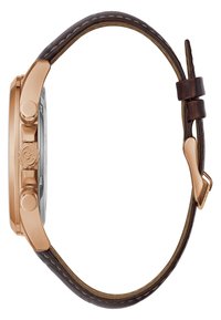 Brūns ādas pulksteņu jostas ar šuvju detaļām. Rozā zelta metāla korpuss un kronis, demonstrējot apaļo stikla seju. Minimālisma dizains, eleganta forma.
