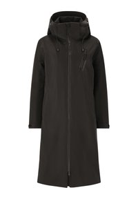 Long black waterproof coat with an adjustable hood, full front zipper, and zippered chest pocket. Features a sleek, minimal design.