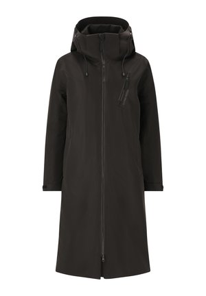 Langer schwarzer wasserdichter Mantel mit verstellbarem Kapuze, vollem Frontreißverschluss und einer Taschenbrusttasche mit Reißverschluss. Merkmale ein elegantes, minimalistisches Design.