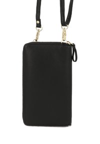 Schwarze Leder-Crossbody-Tasche mit glatter Textur, goldenen Hardware-Details und einem Reißverschluss. Verfügt über einen abnehmbaren Schultergurt und eine Handgelenkschlaufe.